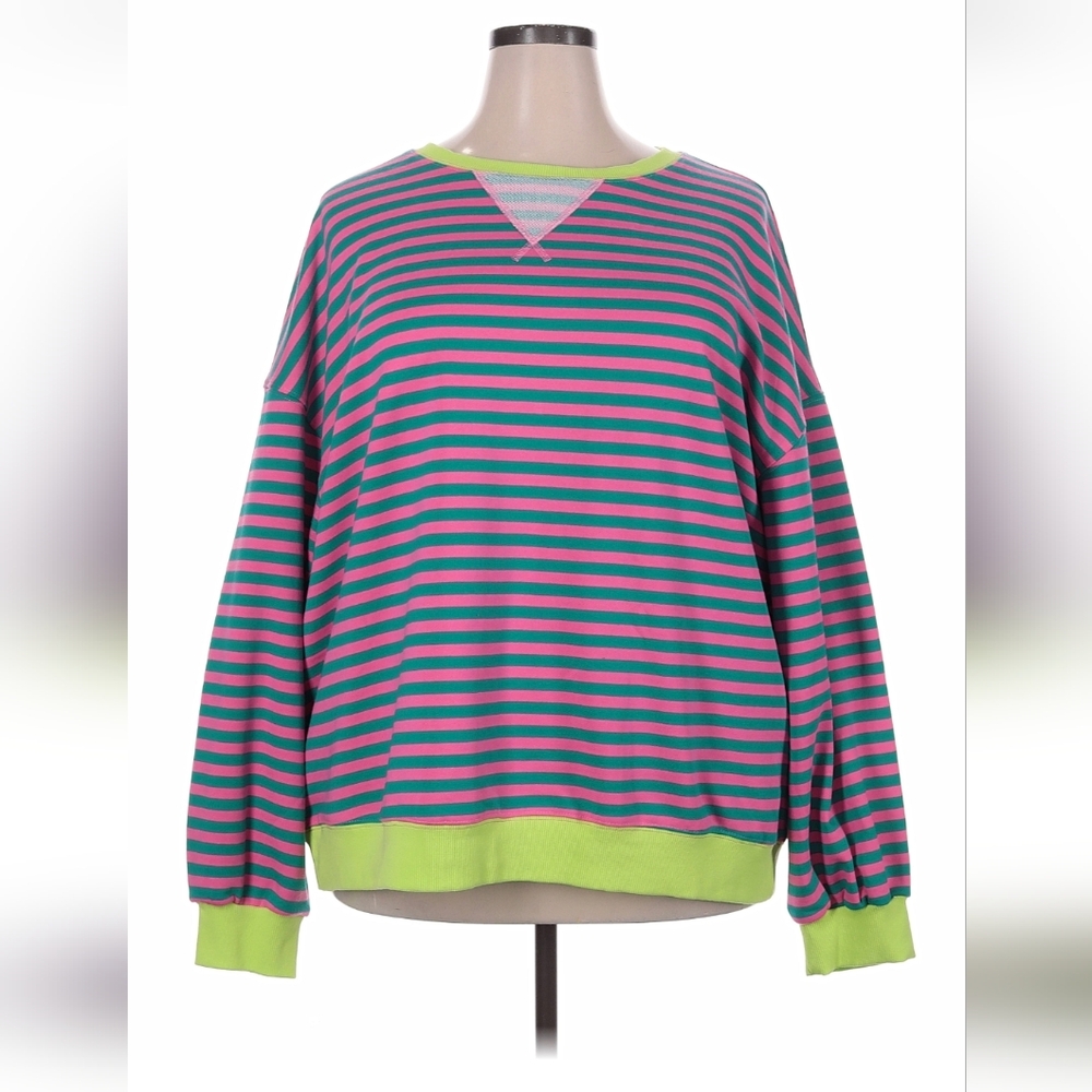 Striped Crewneck Sweatshirt in Pink and Teal with Lime Trim